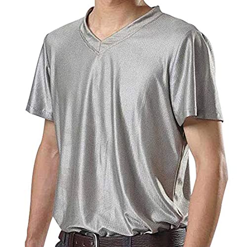 5G Anti-Strahlung Herren V-Ausschnitt T-Shirts, EMF/RF Strahlung Schild Kurzarm Hemden, Mikrowellenstrahlung blockieren Faraday Tops,Silber,XL