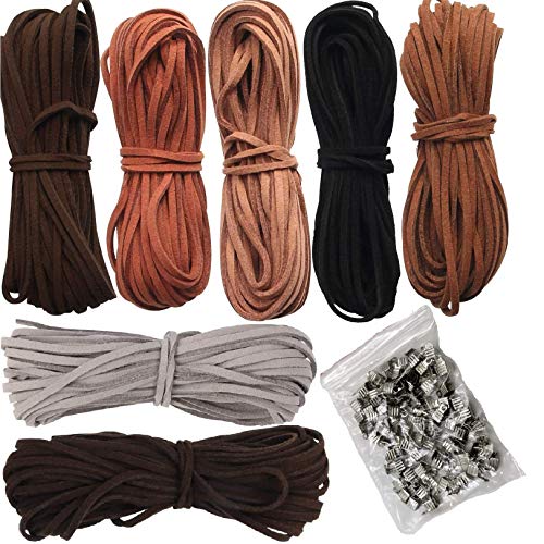Lederschnur 5M x 3mm Lederband Leder Schnur Faux Faden 7 Stück 7 Farben mit 100pcs Schnurenden für DIY Armband Halskette Schmuck Handwerk