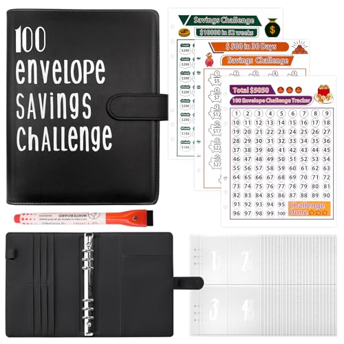 Fettwal 100 Envelope Saving Challenge, Sparbuch für Geld Challenge, A5 Geld Sparen Challengers Geldsparmappe, mit 3 Speicherkarten & Aquarellstift, Sparbuch für Haushaltsgeld Sparchallenge (Schwarz)