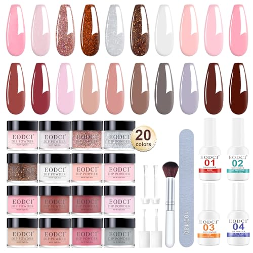 EODCI Dipping Powder Nails Set, 20 Farben Rosa Nude Dipping Powder Kit mit Base Top Coat, Activator and Nägel Brush Dip Maniküre Sets, Dipping Powder Nails Set Starter Kit für Home & Salon