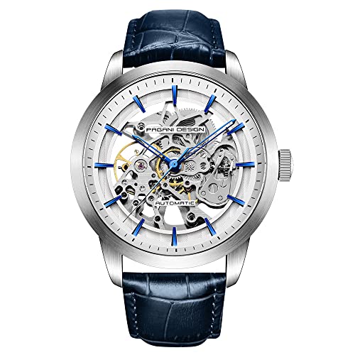 Pagani Design 2023 Herren Automatik Skelett, Automatik, Edelstahl Herrenuhr, Lederband, Zeigerserie, wasserdicht bis 100 Meter (Blaue Serie-1638)