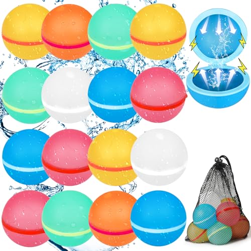 Parner 16 Stück Wasserbomben Wiederverwendbar Magnetisch mit 1 Mesh Bag, Silikon Wasserbomben Selbstschließend Wiederverwendba für Wasserspielzeug Pool Spielzeug Strandspielzeug