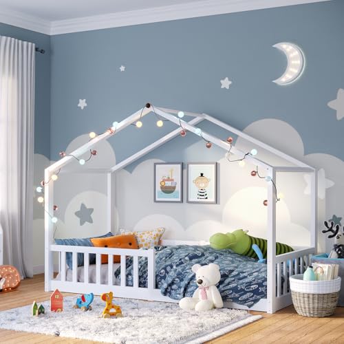 Bellabino Bia Kinderbett 90x200 cm – Hausbett mit Rausfallschutz & Lattenrost – Montessori Bodenbett aus Massivholz Kiefer – Kinder Bett in Weiß für Jungen und Mädchen