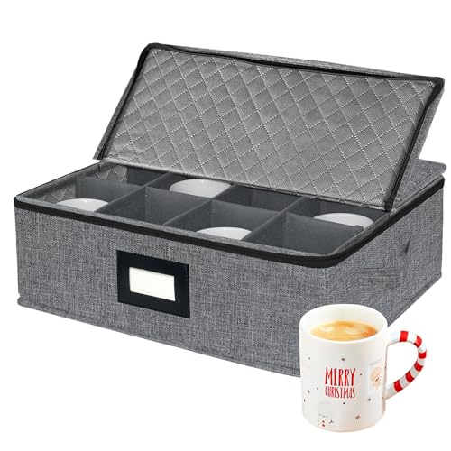 VERONLY Tassenhalter Kaffeetassenhalter mit Trennw?nden Tassen Aufbewahrung mit Deckel und Griffen, Faltbox Aufbewahrungsbeh?lter f¨¹r 12 Kaffeetassen, Mug, Becher, Stapelbar(Dunkelgrau)