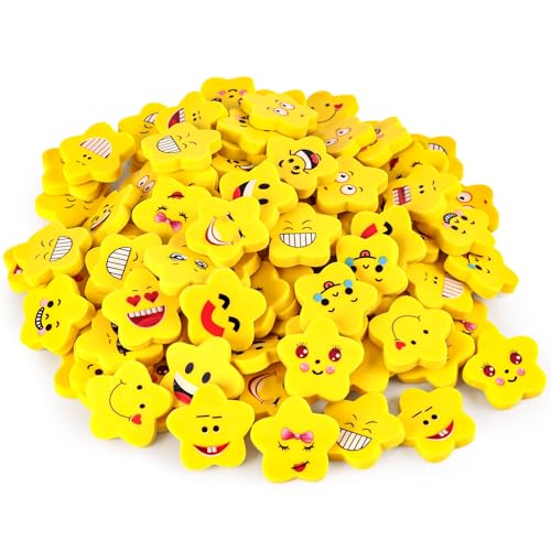KOOGEL Lachgesicht Radiergummis,Sternförmige, 100 Stück Gelbe Radiergummis, Ideal für Kinder, Schüler, Gastgeschenke & Geburtstage