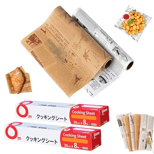 Backpapier, Nicht klebrig Fettdichtes Papier, Backpapier Rolle Lebensmittel, 2 Rolle 800x30cm Antihaft Papierblätter, Sandwichpapier, Hamburgerpapier für Grill, Sandwich und Chips, Weiß, Braun