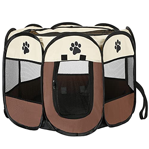 Tiandirenhe Welpenlaufstall Tierlaufstall Faltbar für Kleintiere, Hundelaufstall Freigehege,für kleine Hunde, Katzen, Kaninchen und andere Kleintiere (Braun, 74x74x43cm)