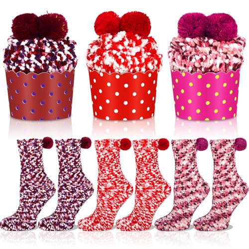 MTINRNI 3 Paar Kuschelsocken Damen Flauschige Geschenke,Weihnachtssocken,für Frauen Winter Warme Cupcake,Lustige Socken Weihnachtsgeschenke,Valentinstag Geburtstagsgeschenk, 36-42