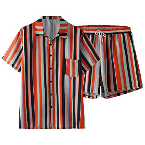 Herren Frühling Sommer Top Short Set Striped Graphic Print Kurzarm Shirt Top Cropped Short Set Fitnessanzug Herren Set Hose mit Taschen Baumwolle Shorts Leicht Outdoor Arbeitshose (Orange, XXL)