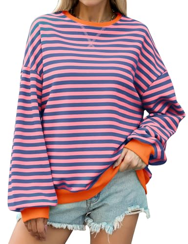 Lonya Oversized Sweatshirt Damen Pullover Baumwolle Gestreiftes Rundhal Locker Langarmshirt Herbst Winter Y2K Pulli Lässige Oberteile Gestreift Rosa-Blau,S