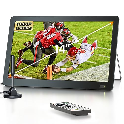 DESOBRY Tragbarer 14-Zoll-Fernseher mit Antenne, Kleiner tragbarer Fernseher mit ATSC-Tuner, Mini LCD-Fernseher, der mit Batterien aufgeladen Werden kann, 1080P, Integrierter TV-Ständer