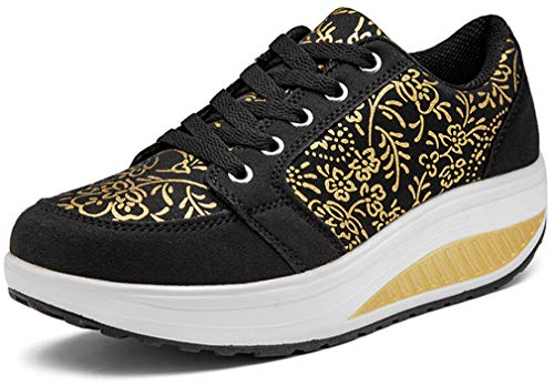 Solshine Damen Fashion Plateau Schnürer Sneakers Dämpfung Keilabsatz Fitnessschuhe 016 Schwarz3 38EU