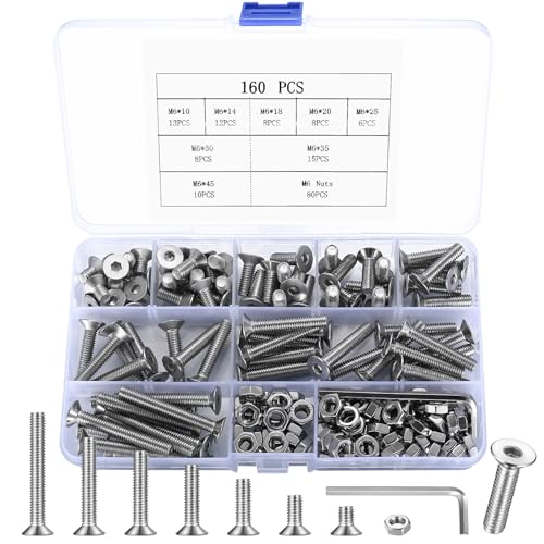 160 Stück M6 Schrauben Set, Senkkopfschrauben Muttern Set, Innensechskantschrauben, Edelstahl Maschinenschrauben Sortiment, Zylinderschrauben mit Muttern Kit, Gewindeschrauben
