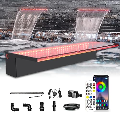 LONGRUN Wasserfall Überlauf APP Kontrolle Mehrfarbig LED-Licht Draussen Pool Brunnen, Acryl Wasser Überlauf Koi Teich Wasserfälle Brunnen Kit für Garten Terrasse Schwimmbad Dekoration -60 cm