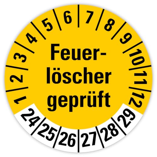 25x Prüfplaketten „Feuerlöscher geprüft 2024-2029" auf Bogen Folie, Gelb | Ø 20-30 mm Made in Germany, Größe: Ø 20 mm