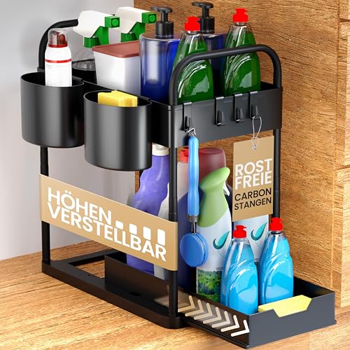 HELDENWERK Unter Waschbecken Regal für Spülenunterschrank höhenverstellbar mit 2 Etagen in schwarz I Küchen Organizer Unterschrank Gewürzregal I Waschbeckenunterschrank Organizer