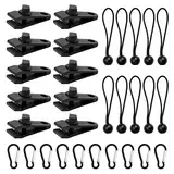 30 Stück Tarp Clips Set, 10 Heavy Duty Tarp Clips mit 10 Zelt Bungees Schnüre und 10 Karabiner Clips für Camping Zelte Abdeckung, schwarz