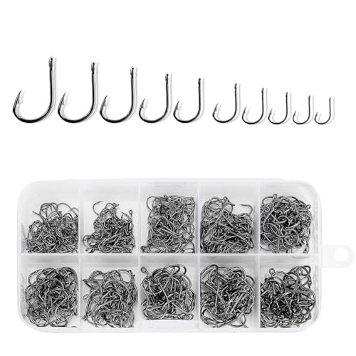 500 Stück Kohlenstoffstahl Angelhaken Set, Gebunden Angelhaken, Angelzubehör, Öse Angelhaken Set mit Aufbewahrungsbox für Karpfen, Ansitzangeln, Einzelhaken (10 Größen)
