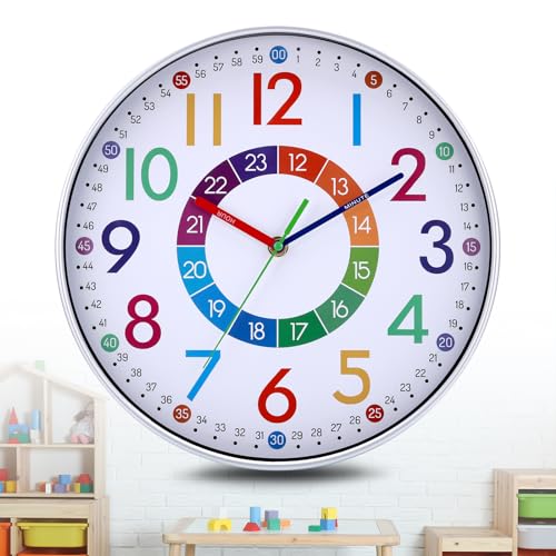 JIZZU Kinder Wanduhr Ohne Tickgeräusche, 30cm Bunt Zahlen Wanduhr, Lernende Wanduhr Quartz Lautlos, Kinderwanduhr für Kinderzimmer, Bunt Ziffern Kreativ Einfach zu Lesen