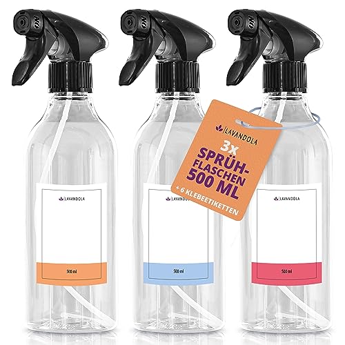 Lavandola® 3x Sprühflasche 500ml mit Etiketten - gleichmäßiges & feines Sprühbild, dichte & langlebige Sprühflasche Pflanzen, kleine Sprühflasche Autopflege, Spray Bottle, 3x Sprühflaschen Set