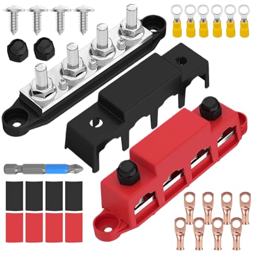 2 Stück 12V-48V DC Sammelschienen Verteilerblock mit 4 x M8 Klemmenbolzen, 250A BusBar Box für Auto Marine Auto Anhänger Wohnmobil Boot (Schwarz Rot)
