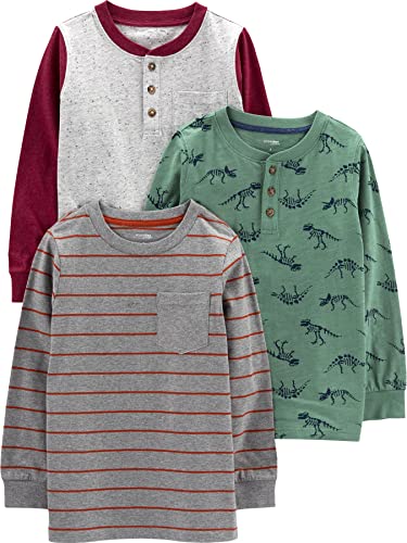 Simple Joys by Carter's Jungen Long-Sleeve Shirts, Pack of 3 Hemd, Dunkelgrau Streifen/Fichtengrün Dinosaurier/Grau Punkte, 18 Monate (3er Pack)