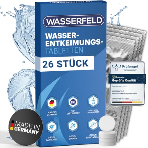 WASSERFELD® Wasserentkeimungstabletten [26 Stück] - Made in Germany - NSF geprüfte Wasseraufbereitung Tabletten für 2.600L Trinkwasser - Notfall Ausrüstung - Trinkwasseraufbereitung