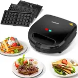 Sandwichmaker 3 in 1, Sandwichtoaster, Kontaktgrill, Waffeleisen 3 in 1, 3 Abnehmbare, Spülmaschinengeeignete und Antihaftbeschichtete Grillplatten, Dreieckig Sandwich Maker 30JVU, 750 W