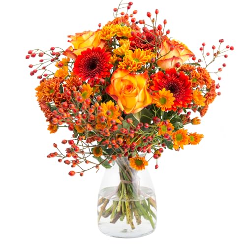 Herbststrauß Celia, Blumenstrauß in herbstlichen Farben, Blumen versenden, handgebunden mit 7-Tage-Frische-Garantie, Rosen, Gerbera, Chrysanthemen und Beeren, Blumenversand im Herbst