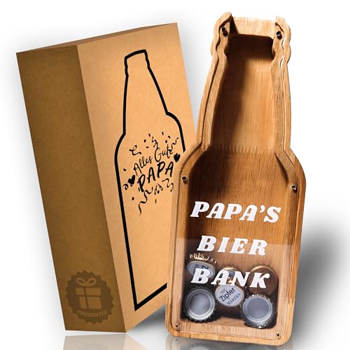 Papa's Bier Bank - Sparbox und Kronkorken Sammler (Kronkorkenfänger) (Aufbewahrungsbox für Flaschenstöspel) | Geschenke für Väter | Geburtstagsgeschenk für Männer | Bester Papa Geschenke
