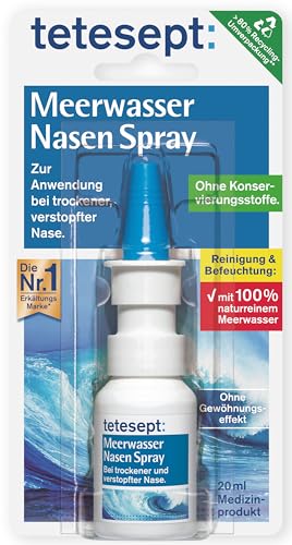 tetesept Meerwasser Nasen Spray – Nasenspray zur Reinigung der verstopften & natürlichen Befeuchtung trockener Nasenschleimhäute – Nasenpflegespray bei Erkältung - 1 x 20 ml (1er Pack)