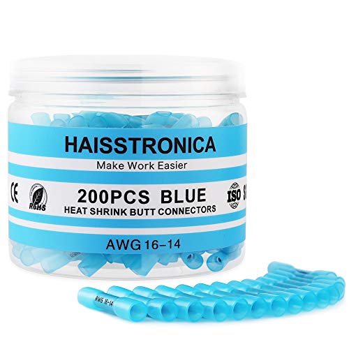 Haisstronica 200 Stück blau Schrumpfverbinder 16–14 Gauge-isolierte wasserdichte elektrische Anschlüsse Drahtklemmen Marine Automotive Crimp-Butt Spleißverbinder