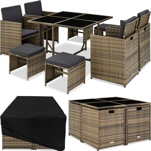 tectake Lounge Möbel Set aus 4X Stühle, 1x Tisch, 4X Hocker, wetterfest und platzsparende Cube Aufbewahrung inkl. Schutzhülle, Outdoor Rattan Gartenmöbel für Balkon, Garten und Terrasse - Natur