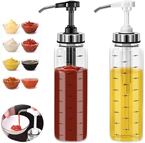 FARI Sauce Quetschflaschen, 2er Pack 500ml Olivenölspender Glasflaschenset, kein Tropfen bleifreier Ketchup Salatdressing Honigöl Presser, klebrige Sauce Quetschflasche für Küche und Grill