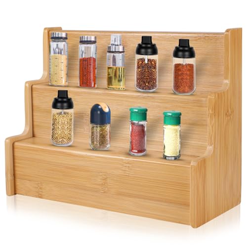 BTBHIHO Dreilagiges Gewürzregal aus Holz, Bambus-Gewürzregal, dehnbar, abgestufter Gewürz-Organizer für den Heimgebrauch oder zur Aufbewahrung von Gewürzen, Desserts, Parfums, Kosmetika
