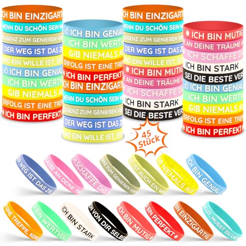 TUZELIYA 45 Stück Motivationsarmbänder auf Deutsch - 20,5 cm Inspirierende Silikon Armbänder mit 15 Stile Positiven Sprüchen - Motivierendes Silikonarmband - Mitgebsel Geschenke für Kinder Kollegen