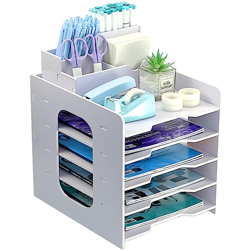 Holz Briefablage für Büro, Dokumentenablage mit Stifthalter, 5-Tier Schreibtisch Organizer Holz, Papierablage Weiß, Ablagefächer Stapelbar, Briefschublade, Büro Organizer für Büro Schule