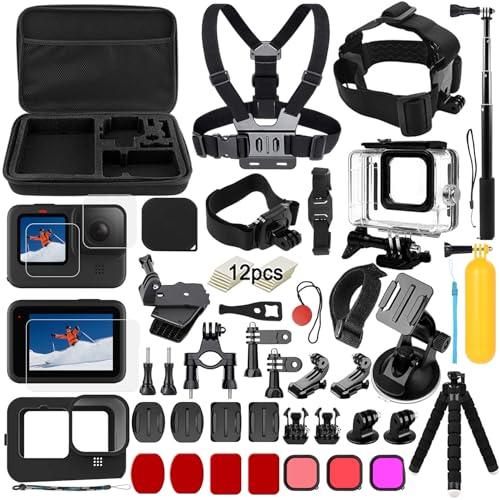 Zubehörset Kit Bundle für GoPro Hero 12/11/10/9 Schwarz, oGoDeal wasserdichte Schutzhülle Wasserdichtes Gehäuse Schnorchelzubehör Fahrradhalterung Selfie Bar Kopfband für GoPro Hero 9 10 11 12