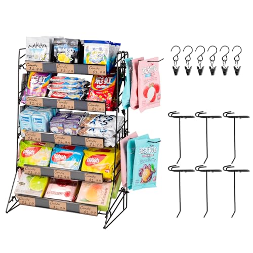 WWN Süßigkeiten-Regal mit 5 Ebenen, Snack-Ständer mit Snack-Clips, vielseitiges Snackregal und Chip-Regal für Geschäfte, schwarzes Metallregal mit Haken, Snack-Organizer