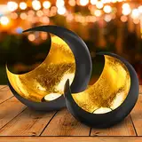 2er Set Windlicht Laterne orientalisch Moon Groß 20cm Gold | Orientalische Vintage Teelichthalter Schwarz von außen und Goldfarben innen | Marokkanische Windlichter aus Metall als Dekoration