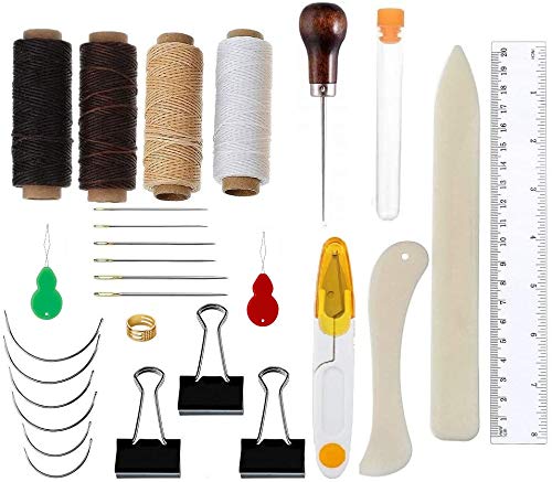 28 Stück Buchbinderei Werkzeuge Set Buchbinden Starter Set Groß Auge Gebogene Nadeln Gewachst Faden Clipper Knochen Ordner Papier Creaser Binder Clips Griff Ahle Herrscher für Handgemachte Büch (A)