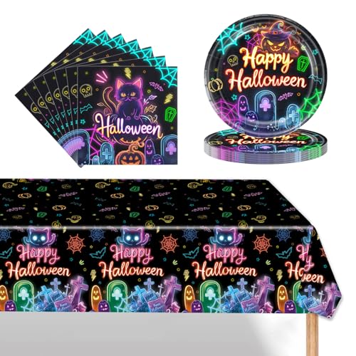 POPOYU 37 Stück Halloween Party Geschirr Set,Halloween Party Paper Plates,Servietten,Tischdecke,Halloween Pappteller,Halloween Thema Cartoon Party Set für Halloween Kinderparty Dekorationen(16 Gäste)