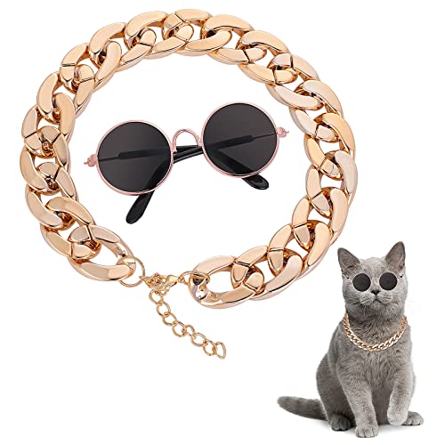 Molain Katzen Sonnenbrille, Katzen UV Schutz Klassische Retro Sonnenbrille für kleine Hunde Puppen runde Sonnenbrille Party Cosplay Kostüm Foto Requisiten (1 Stück runde Brille + 1 Stück Goldkette)