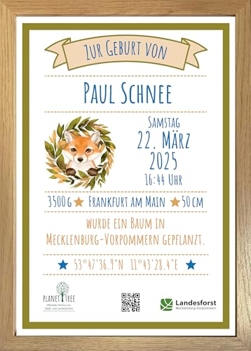 Personalisierte Geburtsurkunde mit Baum-Pflanzung in Deutschland & Reh- oder Fuchs-Motiv – Geschenk zur Geburt mit Namen & Daten – gerahmt in Holzrahmen – nachhaltige Erinnerung von Planet Tree