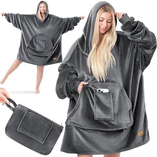 KESSER® Hoodie Decke Kuscheldecke mit Ärmeln Deckenpullover Vielseitig Tragbare Decke zum Anziehen für Damen & Herren, Sweatshirt Warm Kuschelpullover Erwachsene weich Ärmeldecke Oversize Anthrazit