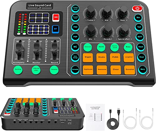 Live-Soundkarte und Audio-Interface mit DJ Controller Effekten und Sprach-Wechsler,Bluetooth Stereo Audio Mixer mit Soundboard, für Live Youtube Streaming, PC, Aufnahmestudio und Gaming