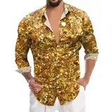 Mymyguoe 3D Aufdruck Glitzer Hemd Herren 80Er Jahre Outfit Faschingsparty Kostüm Party Shirt Langarmhemd Nachtclub Cosplay Glänzend Bluse Unterhemd Button Down Slim Fit Silvester Outfit