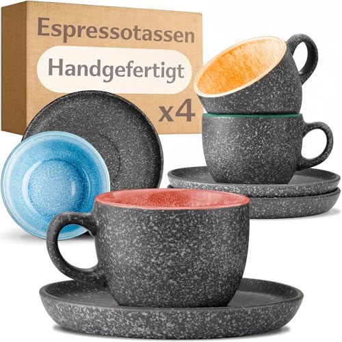 Cosumy Espressotassen mit Untertassen 4er Set - 90 ml Keramik, ???????????? Steingut mit Handgefertigter Reaktiver Glasur - Hält Lange Warm (Bunt)