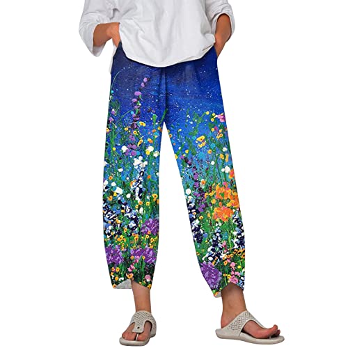 Sommerhose Damen Kurzgröße Leicht Bunt Freizeit Jogginghose Leinen Outdoor Leinenhose Kurze Freizeithosen Damenhose Stretch Mit Druck Freizeithose Baumwolle Relaxhose Outdoorhose Kurz (Blue, XL)