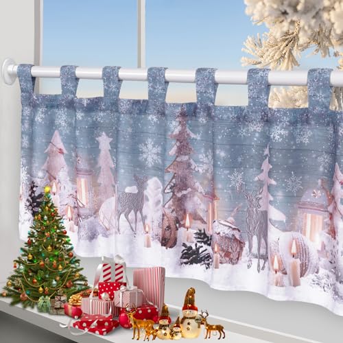 Alishomtll Scheibengardine Weihnachten Gardine, Romantisch Bistrogardine Hanging Curtain, Vorhänge mit Schlaufen, kurz Gardine für Küche Kinderzimmer 45x120 cm (Vintage Schnee)